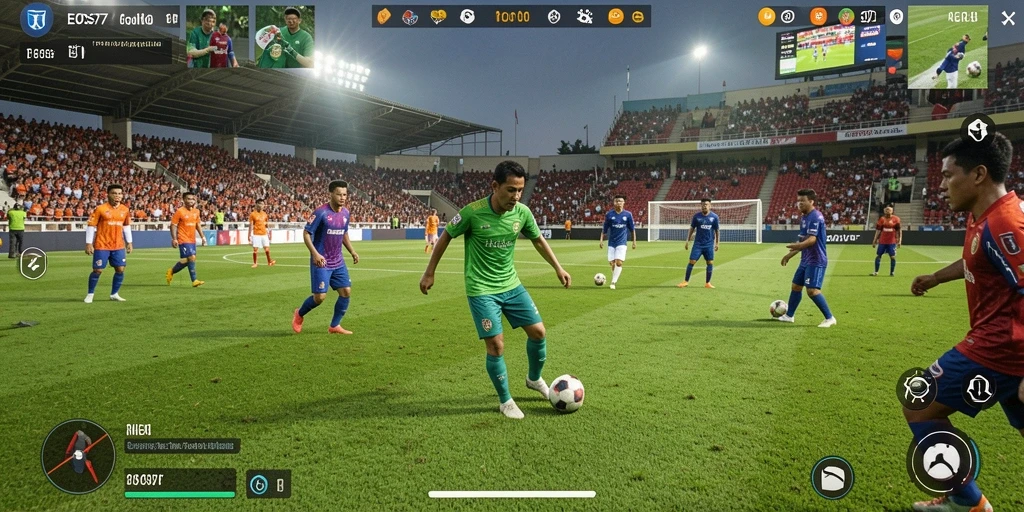 Tampilan gameplay menarik dari EOS77, menunjukkan aksi sepak bola yang mendebarkan.