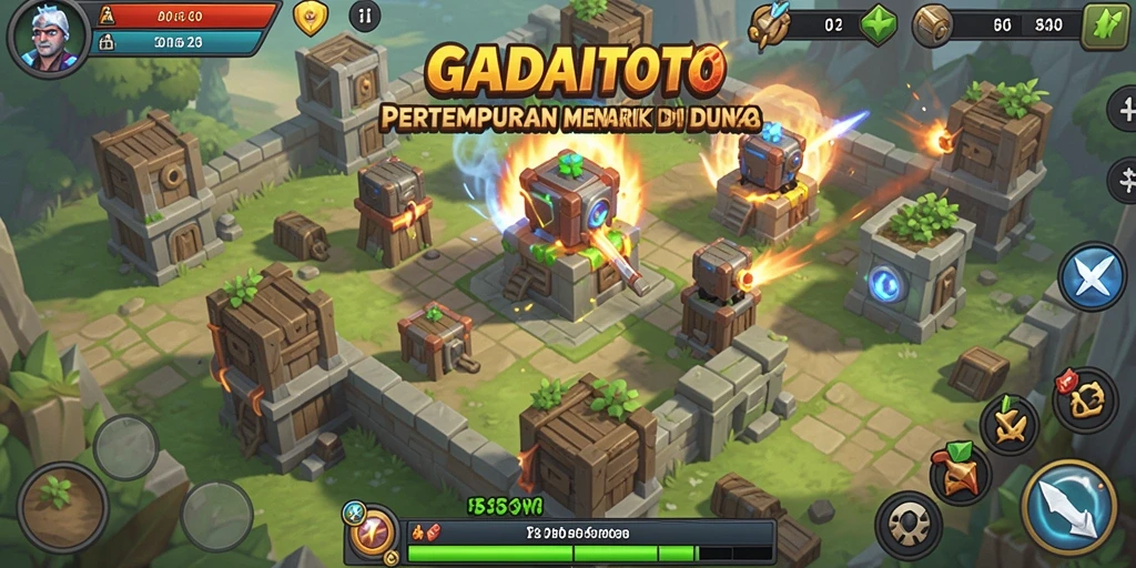 Screenshot gameplay GADAITOTO menampilkan serangan menara yang epik dalam Tower Defense.