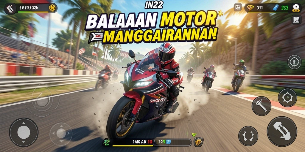 Tampilan aksi balapan seru dalam IN22 dengan motor yang melaju kencang.