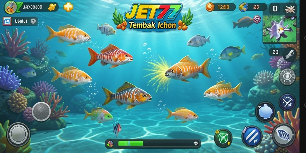 Screenshot gameplay JET77 menampilkan aksi menembak ikan yang seru.