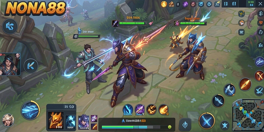 Screenshot gameplay NONA88 menunjukkan aksi pertarungan yang dinamis.