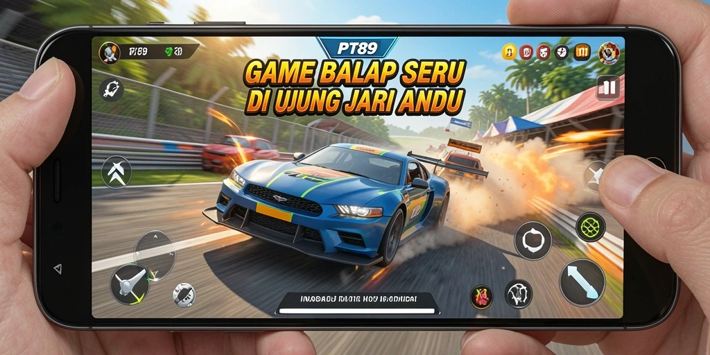 Screenshot PT89 menunjukkan aksi balapan yang intens dan kendaraan yang beragam.