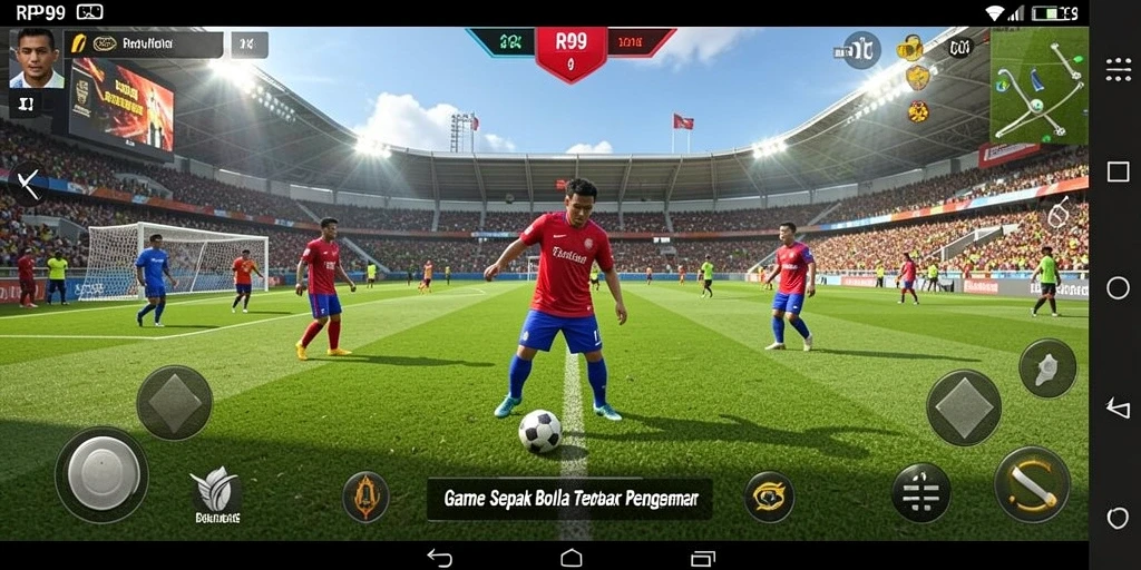 Screenshot menunjukkan aksi permainan sepak bola yang menegangkan.
