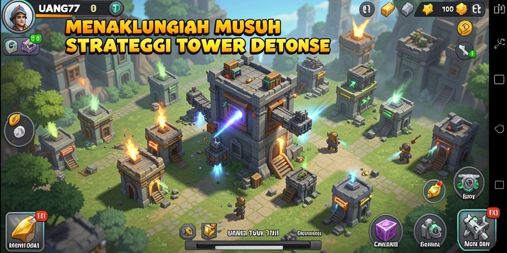 Tampilan gameplay UANG77 yang mendebarkan di dalam pertempuran Tower Defense.